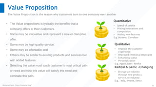 Mohamed Sami - https://melsatar.blog/ 11
Value Proposition
The Value Proposition is the reason why customers turn to one company over another
• The Value propositions is typically the benefits that a
company offers to their customers.
• Some may be innovative and represent a new or disruptive
offer.
• Some may be high quality service
• Some may be affordable cost
• Others may be similar to existing products and services but
with added features.
• Selecting the value must touch customer’s most critical pain
or need and how this value will satisfy this need and
eliminate this pain.
• Speed of service
• Pricing innovations and
competition
• Adding new features
E.g. Huawei, Carrefour
Quantitative
• Improve the customer
experience
• Improved emotional strategies
• Enhancing status
• Personalization
E.g. Apple, Uber, Netflix
Qualitative
• Disrupt an industry
through new product,
service, or industry
E.g. Tesla, iPhone, Xerox
Radical & Game -Changing
 