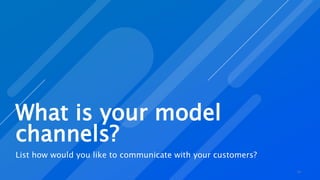 What is your model
channels?
List how would you like to communicate with your customers?
14
 