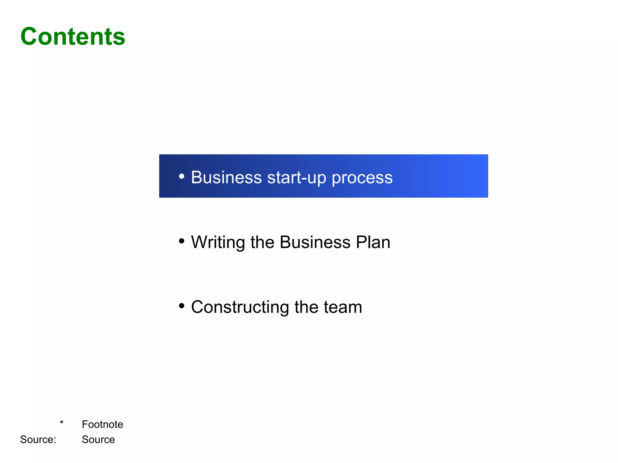 Contents Business start-up process Writing the Business Plan Constructing the team 