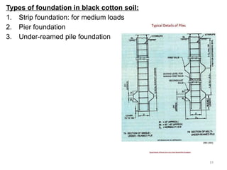 19
Types of foundation in black cotton soil:
1. Strip foundation: for medium loads
2. Pier foundation
3. Under-reamed pile foundation
 