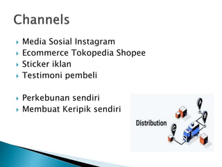  Media Sosial Instagram
 Ecommerce Tokopedia Shopee
 Sticker iklan
 Testimoni pembeli
 Perkebunan sendiri
 Membuat Keripik sendiri
 