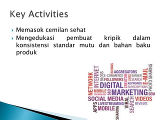  Memasok cemilan sehat
 Mengedukasi pembuat kripik dalam
konsistensi standar mutu dan bahan baku
produk
 