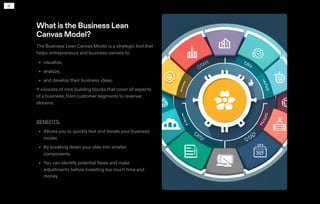 What isthe Business Lean
Canvas Model?
The Business Lean Canvas Model is a strategic tool that
helps entrepreneurs and business owners to:
visualize,
analyze,
and develop their business ideas.
It consists of nine building blocks that cover all aspects
of a business, from customer segments to revenue
streams.
﻿
BENEFITS:
Allows you to quickly test and iterate your business
model.
By breaking down your idea into smaller
components.
You can identify potential flaws and make
adjustments before investing too much time and
money.
•
•
•
•
•
•
 