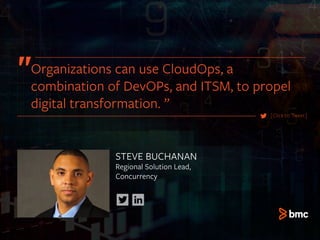 STEVE BUCHANAN
Regional Solution Lead,
Concurrency
[Click to Tweet]
Organizations can use CloudOps, a
combination of DevOPs, and ITSM, to propel
digital transformation. ”
 