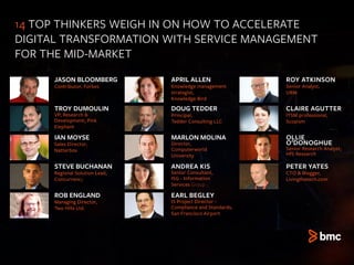 JASON BLOOMBERG
Contributor, Forbes
14 TOP THINKERS WEIGH IN ON HOW TO ACCELERATE
DIGITAL TRANSFORMATION WITH SERVICE MANAGEMENT
FOR THE MID-MARKET
TROY DUMOULIN
VP, Research &
Development, Pink
Elephant
IAN MOYSE
Sales Director,
Natterbox
STEVE BUCHANAN
Regional Solution Lead,
Concurrency
ROB ENGLAND
Managing Director,
Two Hills Ltd.
APRIL ALLEN
Knowledge management
strategist,
Knowledge Bird
DOUG TEDDER
Principal,
Tedder Consulting LLC
MARLON MOLINA
Director,
Computerworld
University
ANDREA KIS
Senior Consultant,
ISG - Information
Services Group
EARL BEGLEY
IS Project Director -
Compliance and Standards,
San Francisco Airport
ROY ATKINSON
Senior Analyst,
UBM
CLAIRE AGUTTER
ITSM professional,
Scopism
OLLIE
O’DONOGHUE
Senior Research Analyst,
HfS Research
PETER YATES
CTO & Blogger,
Livingthetech.com
 