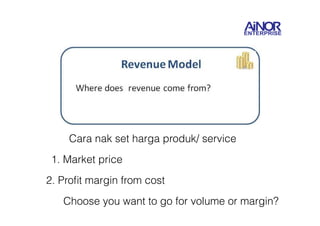 Cara nak set harga produk/ service 
1. Market price 
2. Profit margin from cost 
Choose you want to go for volume or margin? 
 