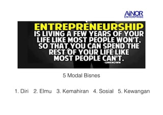 5 Modal Bisnes 
1. Diri 2. Elmu 3. Kemahiran 4. Sosial 5. Kewangan 
 