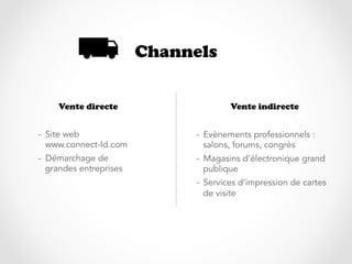 Channels

     Vente directe                    Vente indirecte


-  Site web                   -  Evènements professionnels :
   www.connect-Id.com            salons, forums, congrès
-  Démarchage de              -  Magasins d’électronique grand
   grandes entreprises           publique
                              -  Services d’impression de cartes
                                 de visite
 