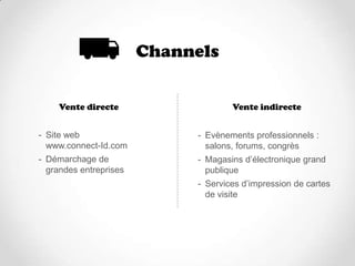 Channels

     Vente directe                   Vente indirecte


- Site web                   - Evènements professionnels :
  www.connect-Id.com           salons, forums, congrès
- Démarchage de              - Magasins d’électronique grand
  grandes entreprises          publique
                             - Services d’impression de cartes
                               de visite
 