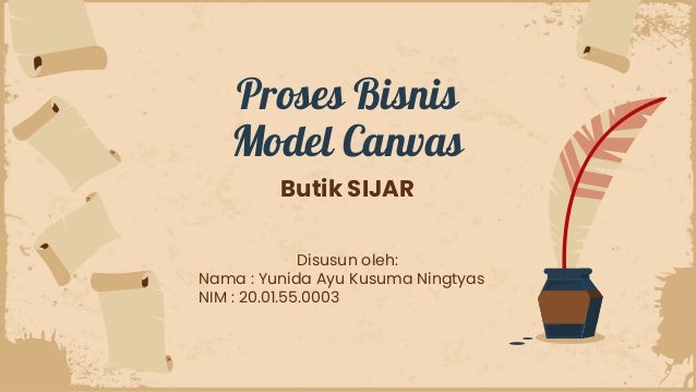 Proses Bisnis
Model Canvas
Butik SIJAR
Disusun oleh:
Nama : Yunida Ayu Kusuma Ningtyas
NIM : 20.01.55.0003
 