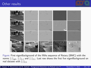 Other results




   Figure: First eigenBackground of the ﬁfths sequence of Rotary (BMC) with the
   norms ||.||opt , ||.||1,1 and ||.||2,1 . Last row shows the ﬁrst ﬁve eigenBackground on
   real dataset with ||.||2,1

C. Guyon, T. Bouwmans and E. Zahzah Foreground Detection via Robust Low Rank Matrix Decomposition including spati
                                      (MIA Laboratory (Mathematics Images & Applications), 5, 2012
                                                                               November University of 24 / 27
                                                                                                       La Roche
 