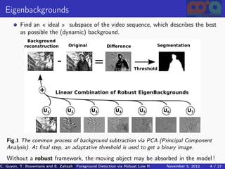 Eigenbackgrounds
          Find an « ideal » subspace of the video sequence, which describes the best
          as possible the (dynamic) background.




   Fig.1 The common process of background subtraction via PCA (Principal Component
   Analysis). At ﬁnal step, an adaptative threshold is used to get a binary image.

   Without a robust framework, the moving object may be absorbed in the model !
C. Guyon, T. Bouwmans and E. Zahzah Foreground Detection via Robust Low Rank Matrix Decomposition including spati
                                      (MIA Laboratory (Mathematics Images & Applications), University of La / 27
                                                                                 November 5, 2012         4 Roche
 