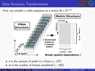 Data Structure Transformation
   First, we consider a video sequence as a matrix A ∈ Rn×m




          n is the amount of pixels in a frame (∼ 106 )
          m is the number of frames considered (∼ 200)
C. Guyon, T. Bouwmans and E. Zahzah Foreground Detection via Robust Low Rank Matrix Decomposition including spati
                                      (MIA Laboratory (Mathematics Images & Applications), University of La / 27
                                                                                 November 5, 2012         5 Roche
 