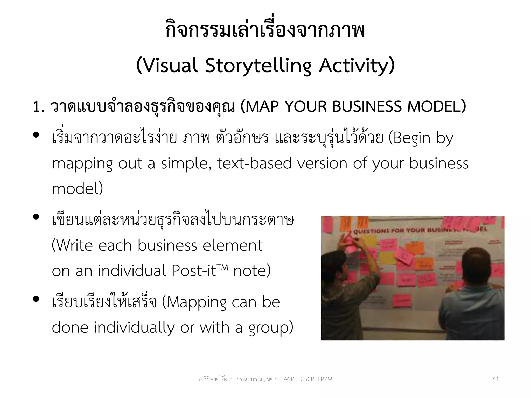กิจกรรมเล่าเรื่องจากภาพ
(Visual Storytelling Activity)
1. วาดแบบจาลองธุรกิจของคุณ (MAP YOUR BUSINESS MODEL)
• เริ่มจากวาดอะไรง่าย ภาพ ตัวอักษร และระบุรุ่นไว้ด้วย (Begin by
mapping out a simple, text-based version of your business
model)
• เขียนแต่ละหน่วยธุรกิจลงไปบนกระดาษ
(Write each business element
on an individual Post-it™ note)
• เรียบเรียงให้เสร็จ (Mapping can be
done individually or with a group)
อ.สิริพงศ์ จึงถาวรรณ, บธ.ม., วศ.บ., ACPE, CSCP, EPPM 41
 