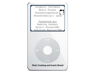 Product: Portable
    Music Player
  Brand(corporate):
 Brand(family): ipod

     Presented by:
    Radhika Sukhani
   Anjali Sharma(NA)
  Ashutosh Nautial(NA)




iPod: Creating and Iconic Brand
 