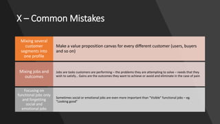 X – Common Mistakes
Make a value proposition canvas for every different customer (users, buyers
and so on)
Mixing several
customer
segments into
one profile
Jobs are tasks customers are performing – the problems they are attempting to solve – needs that they
wish to satisfy… Gains are the outcomes they want to achieve or avoid and eliminate in the case of pain
Mixing jobs and
outcomes
Sometimes social or emotional jobs are even more important than “Visible” functional jobs – eg.
“Looking good”
Focusing on
functional jobs only
and forgetting
social and
emotional jobs
 