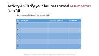 Activity 4: Clarify your business model assumptions
(cont’d)
List your assumptions about your business model
No. Question Fact (with evidence) Assumption
1.
2.
3.
4.
5.
http://www.marsdd.com/mars-library/building-blocks-of-the-business-model-canvas/
 