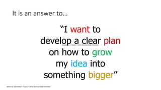 It is an answer to…
“I want to
develop a clear plan
on how to grow
my idea into
something bigger”
Osterwalder A., Pigneur Y (2010) Business Model Generation
Reference: Osterwalder A., Pigneur Y (2010) Business Model Generation
 