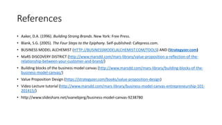 References
• Aaker, D.A. (1996). Building Strong Brands. New York: Free Press.
• Blank, S.G. (2005). The Four Steps to the Epiphany. Self-published: Cafepress.com.
• BUSINESS MODEL ALCHEMIST (HTTP://BUSINESSMODELALCHEMIST.COM/TOOLS) AND (Strategyzer.com)
• MaRS DISCOVERY DISTRICT (http://www.marsdd.com/mars-library/value-proposition-a-reflection-of-the-
relationship-between-your-customer-and-brand/)
• Building blocks of the business model canvas (http://www.marsdd.com/mars-library/building-blocks-of-the-
business-model-canvas/)
• Value Proposition Design (https://strategyzer.com/books/value-proposition-design)
• Video Lecture tutorial (http://www.marsdd.com/mars-library/business-model-canvas-entrepreneurship-101-
201415/)
• http://www.slideshare.net/svanebjerg/business-model-canvas-9238780
 