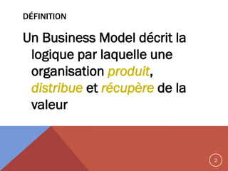 DÉFINITION

Un Business Model décrit la
logique par laquelle une
organisation produit,
distribue et récupère de la
valeur

2

 