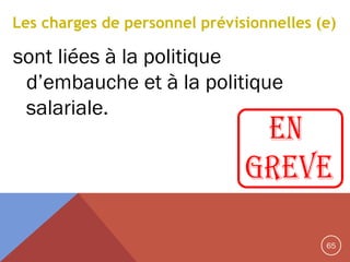 Les charges de personnel prévisionnelles (e)

sont liées à la politique
d’embauche et à la politique
salariale.

65

 