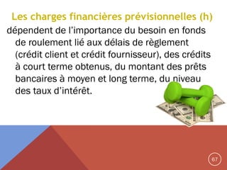Les charges financières prévisionnelles (h)
dépendent de l’importance du besoin en fonds
de roulement lié aux délais de règlement
(crédit client et crédit fournisseur), des crédits
à court terme obtenus, du montant des prêts
bancaires à moyen et long terme, du niveau
des taux d’intérêt.

67

 