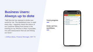 Business Users:
Always up to date
Track progress
Order ad-hoc
workflows
“Self-Service has opened a whole new
world for me. The dashboard view is used
every day. I regularly check the status of
our customer billing from home in the
evening on my iPhone or iPad. It provides
me with reassurance that we are hitting
our SLAs.“
—Gillian Glass, Finance Manager, SKY TV
0
 