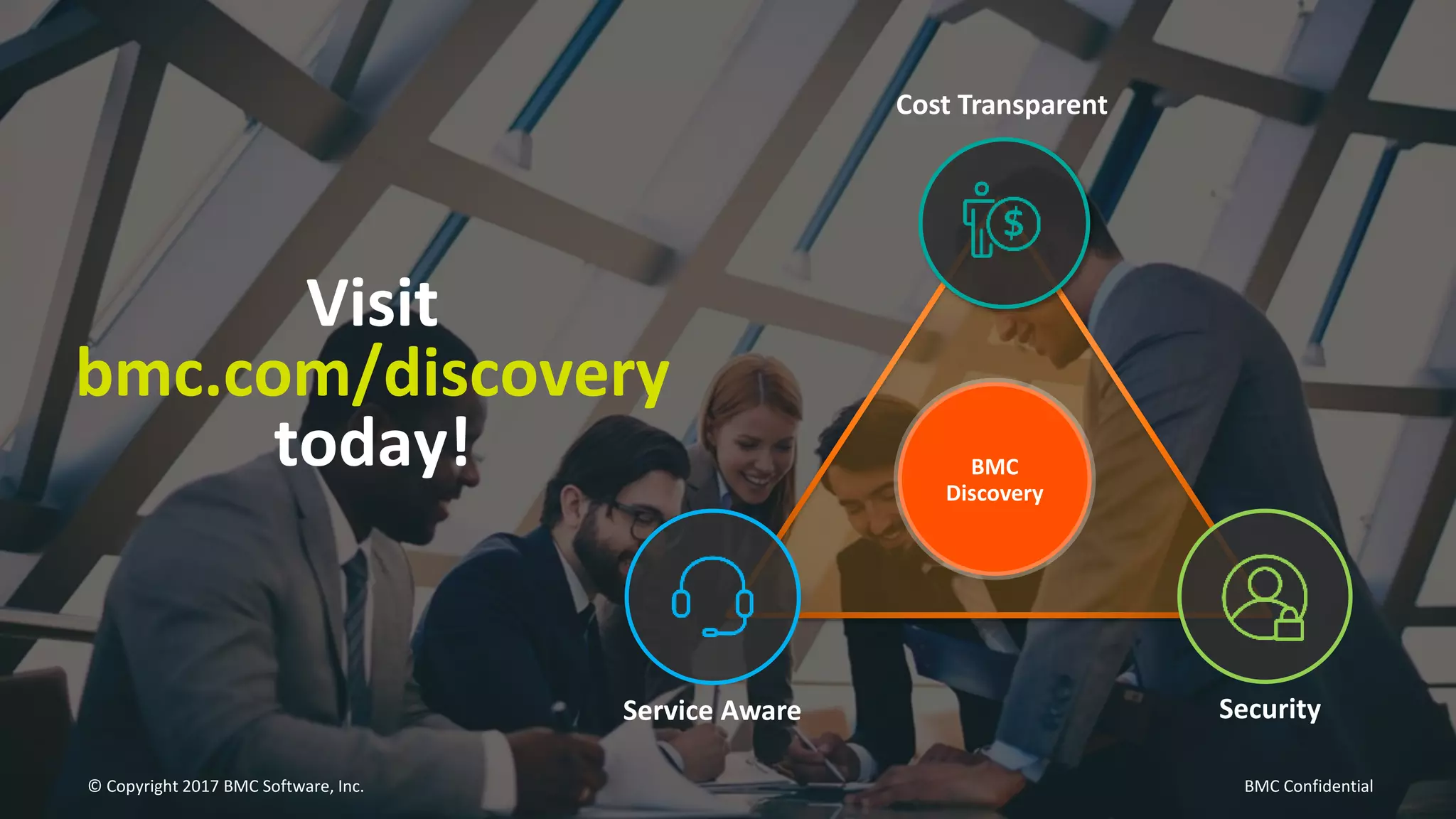© Copyright 2017 BMC Software, Inc. BMC Confidential
Visit
bmc.com/discovery
today!
Cost Transparent
Service Aware Security
BMC
Discovery
 