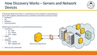 How Discovery Works – Servers and Network
Devices
If Discovery determines there is a valid device on the endpoint it will attempt to
log in with supplied credentials and run standard commands to retrieve CI data:
• Hardware
• OS
• Software
• Communication
Default ports required for successful (full) Host discovery:
• Linux/Unix
• 22 – SSH
• 23 – Telnet
• 413 – rlogin
• SNMP
• 161
• VMWare
• 443 – HTTPS
• 902 –vSphere API
• Ports can be customised
Discovery Appliance
 