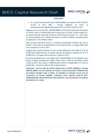 BMCE Capital Research Flash
                                                             22 Mai 2012

                              Et, la part des minoritaires pour HOLCIM MAROC est passée de 49% en 2010 à
                              67,14% en 2011 (HMI + Groupe LARAQUI). En effet, sa
                              participation dans HOLCIM AOZ passe de 51% en 2010 à 32,86% en 2011.
                        Rappelons qu’au titre de 2011, HOLCIM MAROC a affiché des réalisations financières
                        en retrait, suite à l’intensification de la concurrence. En effet, tenant compte d’u-
                        ne baisse de 6% des ventes de ciments à 3,357 millions de tonnes (vs. +10,7% pour
                        le marché national à 16,1 millions de tonnes), le chiffre d’affaires consolidé accuse
                        une baisse de 1,4% à M MAD 3 493,9.
                        Dans une plus importante mesure, le résultat d’exploitation s’affaisse de 12,2% à
                        M MAD 1 103,2 suite au renchérissement du coût des intrants. La marge d’EBIT perd
                        ainsi 3,9 points à 31,6% en 2011.
                        Intégrant des résultats financier et non courant déficitaires de M MAD 37,5 et de
                        M MAD 34,4 respectivement, le résultat net part du Groupe se déprécie de 12,7% à
                        M MAD 575,3. La marge nette recule de 2,1 points à 16,5%.
                        En termes de perspectives, nous tablons pour HOLCIM MAROC sur la réalisation d’un
                        chiffre d’affaires consolidé de M MAD 3 704,6 (+6%) en 2012 et de M MAD 3 993,8
                        (+7,8%) en 2013. Pour sa part, le RNPG devrait s’élever à M MAD 638,9 (+11,1%) et à
                        M MAD 704,1 (+10,2%) en 2012 et 2013 respectivement.
                        Conclusion : Face au refus de certains membres de la famille LARAQUI, le Groupe
                        HOLCIM MAROC voit son ambition de réaliser la fusion-absorption d’HOLCIM AOZ
                        de manière anticipée vouer à l’échec. En attendant un éventuel accord avec les
                        actionnaires du Groupe LARAQUI, l’opération serait reportée jusqu’en 2015.
                        Indépendamment des péripéties de cette opération, nous maintenons une opinion
                        favorable sur la valeur.




  ANALYSE & RECHERCHE                                 2
 