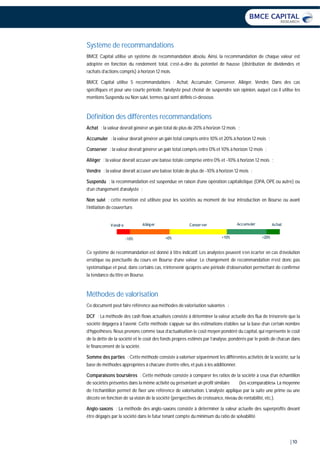 | 10
Système de recommandations
BMCE Capital utilise un système de recommandation absolu. Ainsi, la recommandation de chaque valeur est
adoptée en fonction du rendement total, c’est-à-dire du potentiel de hausse (distribution de dividendes et
rachats d’actions compris) à horizon 12 mois.
BMCE Capital utilise 5 recommandations : Achat, Accumuler, Conserver, Alléger, Vendre. Dans des cas
spécifiques et pour une courte période, l’analyste peut choisir de suspendre son opinion, auquel cas il utilise les
mentions Suspendu ou Non suivi, termes qui sont définis ci-dessous
Définition des différentes recommandations
Achat : la valeur devrait générer un gain total de plus de 20% à horizon 12 mois ;
Accumuler : la valeur devrait générer un gain total compris entre 10% et 20% à horizon 12 mois ;
Conserver : la valeur devrait générer un gain total compris entre 0% et 10% à horizon 12 mois ;
Alléger : la valeur devrait accuser une baisse totale comprise entre 0% et -10% à horizon 12 mois ;
Vendre : la valeur devrait accuser une baisse totale de plus de -10% à horizon 12 mois ;
Suspendu : la recommandation est suspendue en raison d’une opération capitalistique (OPA, OPE ou autre) ou
d’un changement d’analyste ;
Non suivi : cette mention est utilisée pour les sociétés au moment de leur introduction en Bourse ou avant
l’initiation de couverture.
Ce système de recommandation est donné à titre indicatif. Les analystes peuvent s’en écarter en cas d’évolution
erratique ou ponctuelle du cours en Bourse d’une valeur. Le changement de recommandation n’est donc pas
systématique et peut, dans certains cas, n’intervenir qu’après une période d’observation permettant de confirmer
la tendance du titre en Bourse.
Méthodes de valorisation
Ce document peut faire référence aux méthodes de valorisation suivantes :
DCF : La méthode des cash flows actualisés consiste à déterminer la valeur actuelle des flux de trésorerie que la
société dégagera à l’avenir. Cette méthode s’appuie sur des estimations établies sur la base d’un certain nombre
d’hypothèses. Nous prenons comme taux d’actualisation le coût moyen pondéré du capital, qui représente le coût
de la dette de la société et le coût des fonds propres estimés par l’analyse, pondérés par le poids de chacun dans
le financement de la société.
Somme des parties : Cette méthode consiste à valoriser séparément les différentes activités de la société, sur la
base de méthodes appropriées à chacune d’entre elles, et puis à les additionner.
Comparaisons boursières : Cette méthode consiste à comparer les ratios de la société à ceux d’un échantillon
de sociétés présentes dans la même activité ou présentant un profil similaire (les «comparables». La moyenne
de l’échantillon permet de fixer une référence de valorisation. L’analyste applique par la suite une prime ou une
décote en fonction de sa vision de la société (perspectives de croissance, niveau de rentabilité, etc.).
Anglo-saxons : La méthode des anglo-saxons consiste à déterminer la valeur actuelle des superprofits devant
être dégagés par la société dans le futur tenant compte du minimum du ratio de solvabilité
AchatVendre AccumulerConserverAlléger
-10% +0% +10% +20%
 