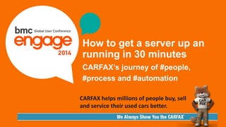 © Copyright 2/3/2015 BMC Software, Inc1
How to get a server up and
running in 30 minutes
CARFAX’s journey of #people,
#process and #automation
CARFAX helps millions of people buy, sell
and service their used cars better.
 