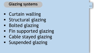 --
Glazing systems
 Curtain walling
 Structural glazing
 Bolted glazing
 Fin supported glazing
 Cable stayed glazing
 Suspended glazing
 