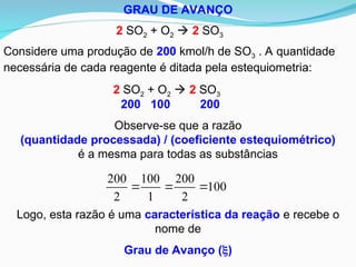 GRAU DE AVANÇO
Considere uma produção de 200 kmol/h de SO3 . A quantidade
necessária de cada reagente é ditada pela estequiometria:
Observe-se que a razão
(quantidade processada) / (coeficiente estequiométrico)
é a mesma para todas as substâncias
2 SO2 + O2  2 SO3
200 100 200
2 SO2 + O2  2 SO3
Logo, esta razão é uma característica da reação e recebe o
nome de
100
2
200
1
100
2
200



Grau de Avanço ()
 
