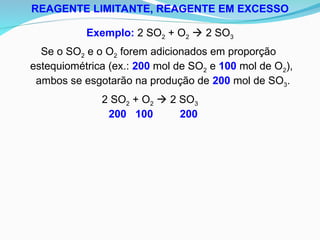 REAGENTE LIMITANTE, REAGENTE EM EXCESSO
Exemplo: 2 SO2 + O2  2 SO3
Se o SO2 e o O2 forem adicionados em proporção
estequiométrica (ex.: 200 mol de SO2 e 100 mol de O2),
ambos se esgotarão na produção de 200 mol de SO3.
2 SO2 + O2  2 SO3
200 100 200
 