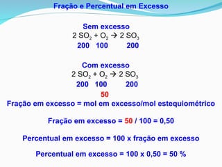Fração e Percentual em Excesso
Percentual em excesso = 100 x fração em excesso
Percentual em excesso = 100 x 0,50 = 50 %
Fração em excesso = mol em excesso/mol estequiométrico
Fração em excesso = 50 / 100 = 0,50
Sem excesso
2 SO2 + O2  2 SO3
200 100 200
Com excesso
2 SO2 + O2  2 SO3
200 100 200
50
 