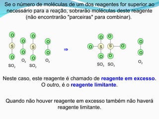 
Se o número de moléculas de um dos reagentes for superior ao
necessário para a reação, sobrarão moléculas deste reagente
(não encontrarão "parceiras" para combinar).
S
O
O
O
S O
O
O
SO3 SO3
O
O
S
O
O
S
O
O
SO2
SO2
O2
O
O
O2
O
O
O2
Neste caso, este reagente é chamado de reagente em excesso.
O outro, é o reagente limitante.
Quando não houver reagente em excesso também não haverá
reagente limitante.
 
