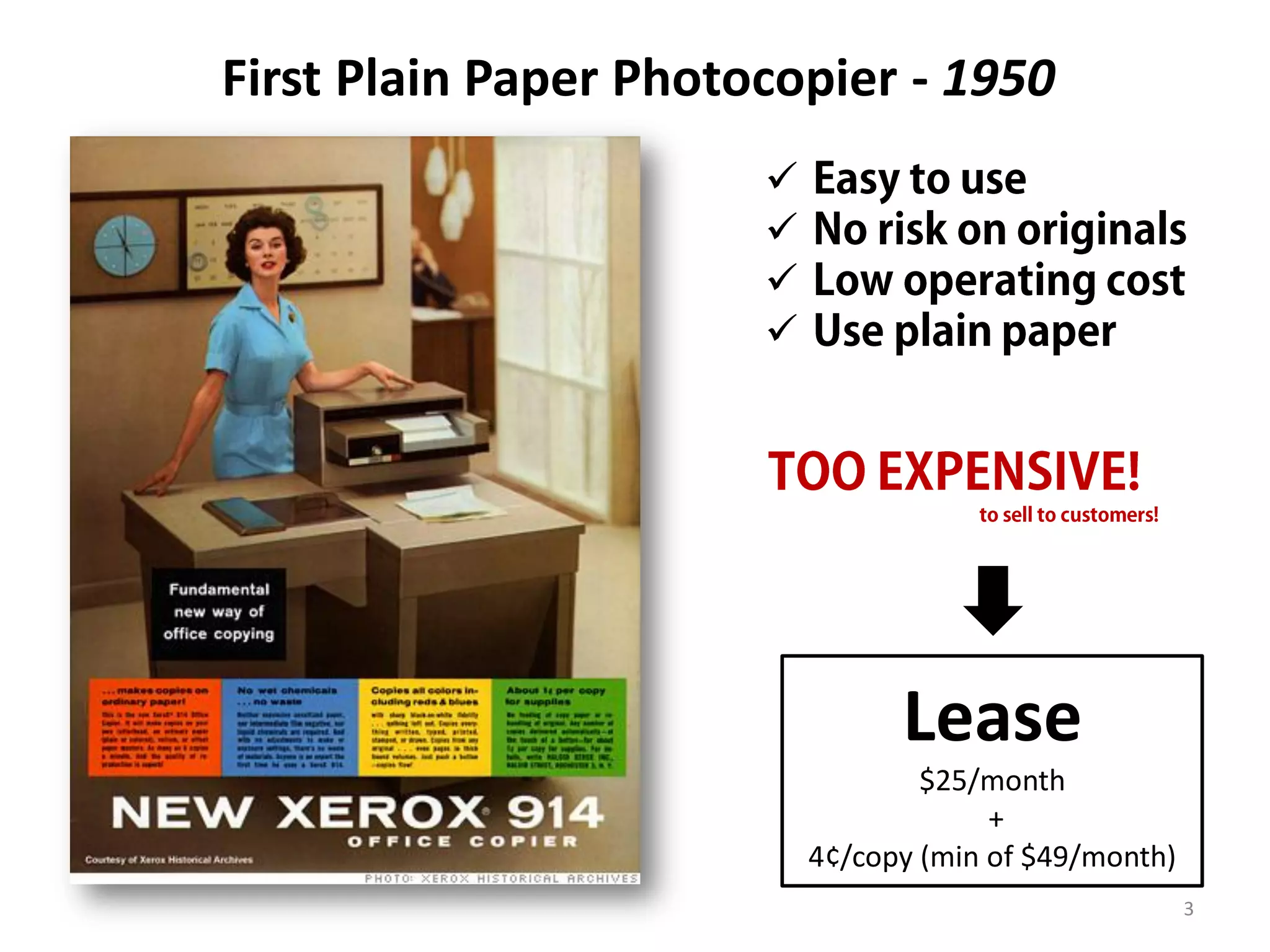 Lease
$25/month
+
4¢/copy (min of $49/month)
3
TOO EXPENSIVE!
to sell to customers!
 Easy to use
 No risk on originals
 Low operating cost
 Use plain paper
First Plain Paper Photocopier - 1950
 
