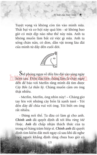 Bñ mêåt cuãa May Mùæn

Tuyïåt voång vaâ khöng coân tin vaâo mònh nûäa.
Thêët baåi vaâ cú höåi naây quaá lúán - seä khöng bao
giúâ coá möåt dõp naâo nhû thïë naây nûäa. Anh ta
khöng muöën laâm bêët cûá viïåc gò nûäa. Anh ta
söëng chaán naãn, cö àún, dùçn vùåt trong lêu àaâi
cuãa mònh tûâ àêëy àïën cuöëi àúâi.

Sid phoáng ngûåa vïì àïën lêu àaâi vaâo saáng ngaây

höm sau. Àiïìu àêìu tiïn chaâng laâm laâ chaåy ngay
http://forum.tech24h.vn
àïën àïí baáo vúái Merlin rùçng mònh àaä tòm àûúåc
Cêy Böën Laá thêìn kyâ. Chaâng muöën caãm ún öng
thêåt nhiïìu.
- Merlin, Merlin, öng nhòn naây! – Chaâng giú
tay lïn vúái nhûäng cêy böën laá xanh tûúi - Töi
àïën àêy àïí chia vui vúái öng. Töi biïët ún öng
rêët nhiïìu.
- Àûâng noái thïë. Ta àêu coá laâm gò cho anh.
Chñnh anh àaä quyïët àõnh ài túái khu rûâng Mï
Hoùåc. Anh àaä chêëp nhêån thaách thûác cuãa ta
trong söë haâng trùm hiïåp sô. Chñnh anh àaä quyïët
àõnh tòm kiïëm àêët múái ngay caã sau khi àaä nghe
moåi ngûúâi khùèng àõnh rùçng chûa bao giúâ coá
121

 