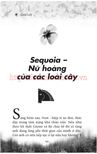 Good Luck

Sequoia –
Nûä hoaâng
cuãa caác loaâi cêy
http://forum.tech24h.vn

S

aáng höm sau, Nott - hiïåp sô aáo àen, thûác
dêåy trong têm traång khaá chaán naãn. Nïëu nhû
theo lúâi thêìn Gnome vaâ Baâ chuáa höì thò roä raâng
anh àang laäng phñ thúâi gian cuãa mònh úã àêy.
Giúâ anh coá nïn tiïëp tuåc úã laåi nûäa hay khöng? YÁ
66

 