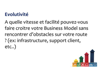 Evolutivité
A quelle vitesse et facilité pouvez-vous
faire croitre votre Business Model sans
rencontrer d’obstacles sur votre route
? (ex: infrastructure, support client,
etc..)
 