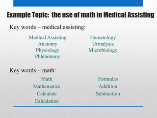 Example Topic: the use of math in Medical Assisting
Medical Assisting
Anatomy
Physiology
Phlebotomy
Hematology
Urinalysis
Microbiology
Key words – medical assisting:
Math
Mathematics
Calculate
Calculation
Formulas
Addition
Subtraction
Key words – math:
 