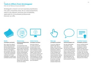 Books
strategyzer.com/books
Get a copy of our beauti-
fully crafted visual books
Business Model Genera-
tion and Value Proposition
Design for everybody in
your company. Offer them
this little gift to help them
create value propositions
customers can’t resist,
embedded in scalable and
profitable business models.
Masterclass
businessmodelgeneration.
com/training
Join practitioners from
around the world and learn
how to apply the Business
Model Canvas, Value Prop-
osition Canvas, and Lean
Startup methodologies.
Experience the power of
prototyping and testing
your ideas hands-on with
practical exercises. Hone
your innovation skills and
prepare your organization
for the 21st century.
Online Course
strategyzer.com/learn
Enroll your teams in
our online courses and
introduce them to the
Business Model Canvas,
Value Proposition Canvas,
and Lean Startup method-
ologies. Create value for
your customers and for your
business more effectively.
Chose between our self-ser-
vice and facilitated courses
or license our material for
your own platform.
Tools & Offers from Strategyzer
How can we help you do your job better?
Strategyzer’s mission is to turn business practitioners
into users of business tools. All our value propositions
aspire to be relevant, practical and immediately
applicable for time-pressed professionals.
Discover our offer.
Web-app
strategyzer.com/build
Try out our simple but
powerful web app to
design, refine, and test
business models and value
propositions collabora-
tively. Minimize the risk
of new strategies and
innovations by continu-
ously prototyping, testing
and iterating your ideas
until you have evidence
for success. Leverage
the best of paper and
computer-based tools.
Keynotes
sales@strategyzer.com
Hire Alex Osterwalder,
Yves Pigneur, Greg
Bernarda, or Patrick
van der Pijl for a keynote
on Business Model Gener-
ation or Value Proposition
Design. Experience their
hands-on and interactive
style guaranteeing imme-
diate applicability. Get
them to inspire you and
build new growth engines.
Certified Trainers
strategyzer.com/learn
Use our certified trainers
to help you introduce
Strategyzer’s industry-
leading concepts and
tools in your organization.
Let them show you how
to design, test, and build
business models and value
propositions and build new
growth engines while mini-
mizing the risk of failure.
4544
 