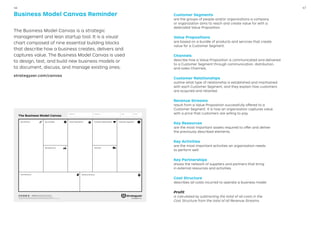 Business Model Canvas Reminder
The Business Model Canvas is a strategic
management and lean startup tool. It is a visual
chart composed of nine essential building blocks
that describe how a business creates, delivers and
captures value. The Business Model Canvas is used
to design, test, and build new business models or
to document, discuss, and manage existing ones.
strategyzer.com/canvas
Customer Segments
are the groups of people and/or organizations a company
or organization aims to reach and create value for with a
dedicated Value Proposition.
Value Propositions
are based on a bundle of products and services that create
value for a Customer Segment.
Channels
describe how a Value Proposition is communicated and delivered
to a Customer Segment through communication, distribution,
and sales Channels.
Customer Relationships
outline what type of relationship is established and maintained
with each Customer Segment, and they explain how customers
are acquired and retained.
Revenue Streams
result from a Value Proposition successfully offered to a
Customer Segment. It is how an organization captures value
with a price that customers are willing to pay.
Key Resources
are the most important assets required to offer and deliver
the previously described elements.
Key Activities
are the most important activities an organization needs
to perform well.
Key Partnerships
shows the network of suppliers and partners that bring
in external resources and activities.
Cost Structure
describes all costs incurred to operate a business model.
Profit
is calculated by subtracting the total of all costs in the
Cost Structure from the total of all Revenue Streams.
The Business Model Canvas
Revenue Streams
Channels
Customer SegmentsValue PropositionsKey ActivitiesKey Partners
Key Resources
Cost Structure
Customer Relationships
Designed by: Date: Version:Designed for:
Designed by: Business Model Foundry AG
The makers of Business Model Generation and Strategyzer
This work is licensed under the Creative Commons Attribution-Share Alike 3.0 Unported License. To view a copy of this license, visit:
http://creativecommons.org/licenses/by-sa/3.0/ or send a letter to Creative Commons, 171 Second Street, Suite 300, San Francisco, California, 94105, USA. strategyzer.com
4746
 
