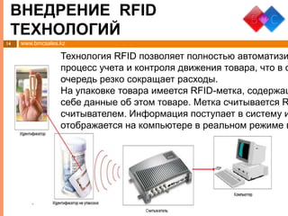 www.bmcsales.kz
ВНЕДРЕНИЕ RFID
ТЕХНОЛОГИЙ
14
Технология RFID позволяет полностью автоматизи
процесс учета и контроля движения товара, что в с
очередь резко сокращает расходы.
На упаковке товара имеется RFID-метка, содержащ
себе данные об этом товаре. Метка считывается R
считывателем. Информация поступает в систему и
отображается на компьютере в реальном режиме в
 