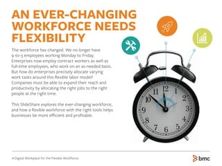 AN EVER-CHANGING
WORKFORCE NEEDS
FLEXIBILITY
The workforce has changed. We no longer have
9-to-5 employees working Monday to Friday.
Enterprises now employ contract workers as well as
full-time employees, who work on an as-needed basis.
But how do enterprises precisely allocate varying
work tasks around this ﬂexible labor model?
Companies must be able to expand their reach and
productivity by allocating the right jobs to the right
people at the right time.
This SlideShare explores the ever-changing workforce,
and how a ﬂexible workforce with the right tools helps
businesses be more eﬃcient and proﬁtable.
A Digital Workplace for the Flexible Workforce
 