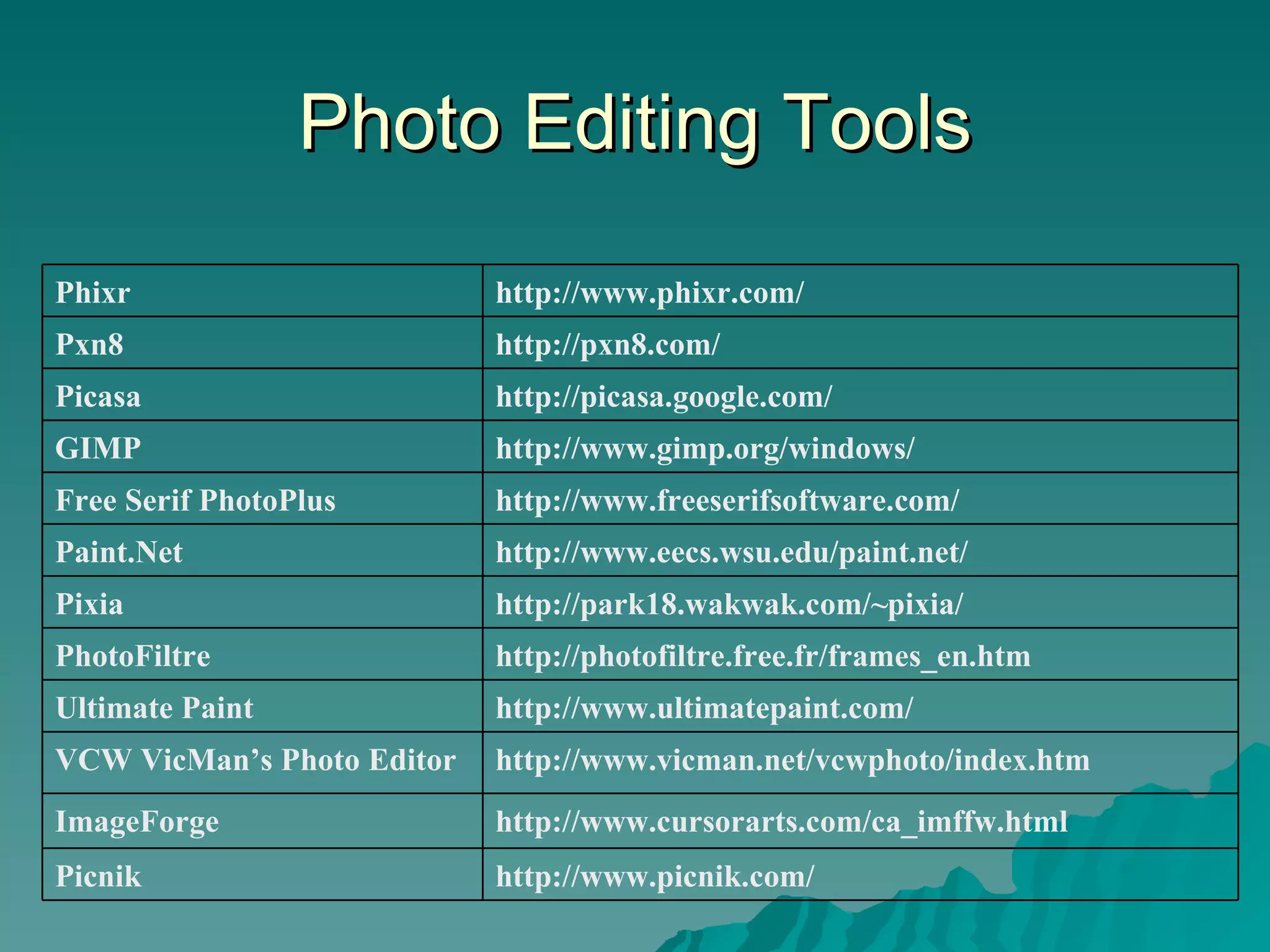 Photo Editing Tools http://www.picnik.com/ Picnik http://www.cursorarts.com/ca_imffw.html  ImageForge http://www.vicman.net/vcwphoto/index.htm  VCW VicMan’s Photo Editor http://www.ultimatepaint.com/  Ultimate Paint http://photofiltre.free.fr/frames_en.htm  PhotoFiltre http://park18.wakwak.com/~pixia/  Pixia  http://www.eecs.wsu.edu/paint.net/  Paint.Net  http://www.freeserifsoftware.com/  Free Serif PhotoPlus  http://www.gimp.org/windows/  GIMP  http://picasa.google.com/  Picasa  http://pxn8.com/  Pxn8  http://www.phixr.com/  Phixr  