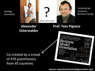 ?
                                                              Université de
Strategy                                                      Lausanne,
Consultant                                                    Business Faculty

                           „Some other guys“

              Alexander                  Prof. Yves Pigneur
             Osterwalder




  Co-created by a crowd
  of 470 practitioners
  from 45 countries
                                     Source: www.businessmodelgeneration.com
 