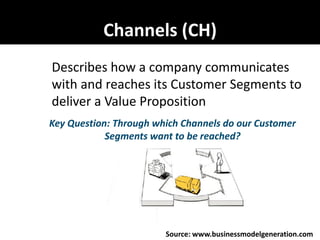 Channels (CH)
Describes how a company communicates
with and reaches its Customer Segments to
deliver a Value Proposition
Key Question: Through which Channels do our Customer
            Segments want to be reached?




                        Source: www.businessmodelgeneration.com
 