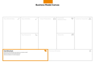 What are the most important costs inherent in our business model?
Which Key Resources Are The Most Expensive?
Which Key Activities Are The Most Expensive?
Key Partnerships Key Activities Value Proposition
Customer
Relationships
Customer Segment
Key Resources Channels
Cost Structure Revenue Streams
Business Model Canvas
 